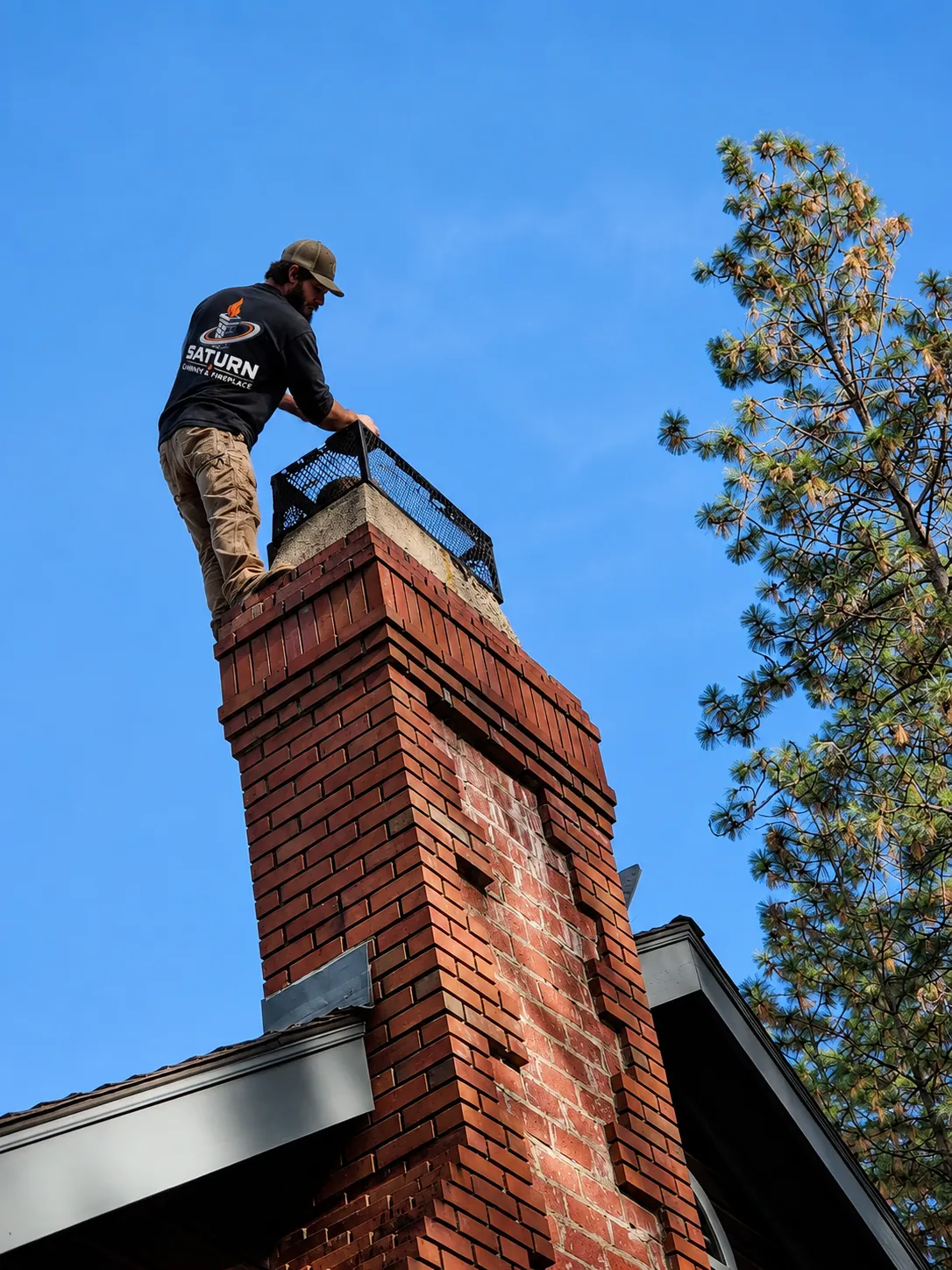 Saturn technician fitting a cap on a brick chimney