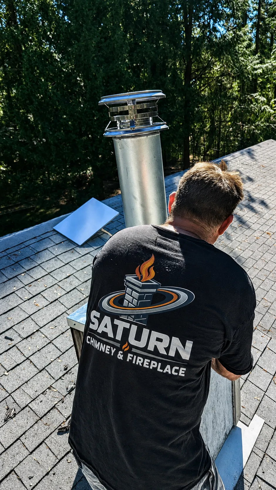 Saturn technician cleaning a brick chimney with a sweep rod