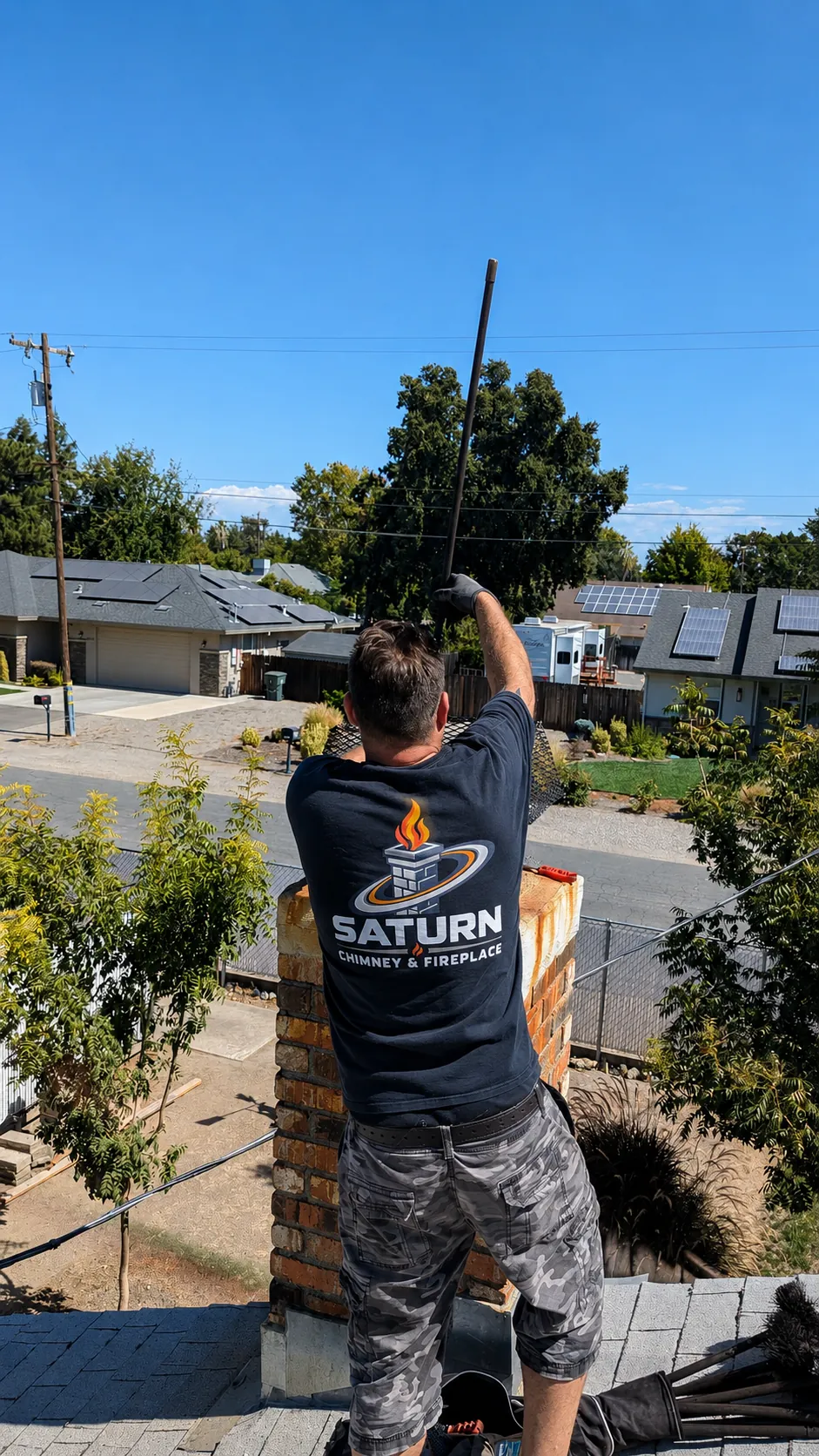 Saturn chimney sweep cleaning a brick chimney